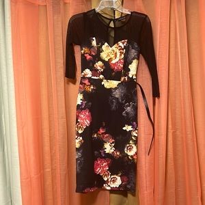 floral dress with sheer arms and belt